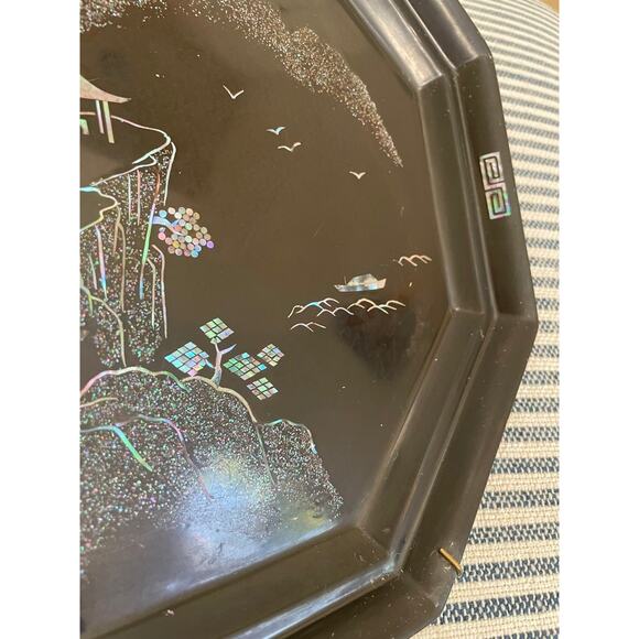 Maruni Lacquerware Mother of Pearl Inlay Occupied Japan Metal Plates Set - Picture 6 of 12